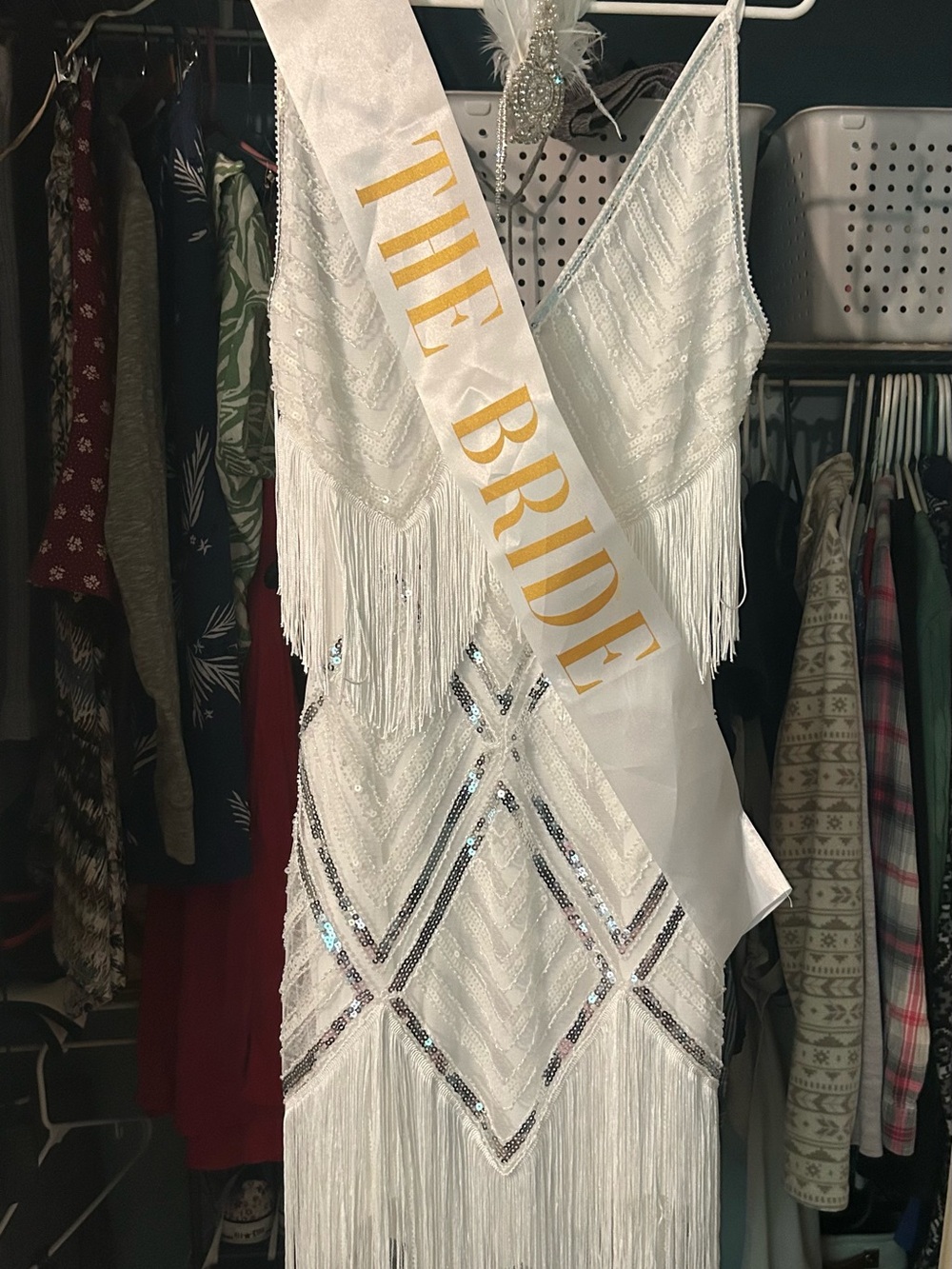 White Fringe Sequin V-Neck Dress - Picture 2 of 3